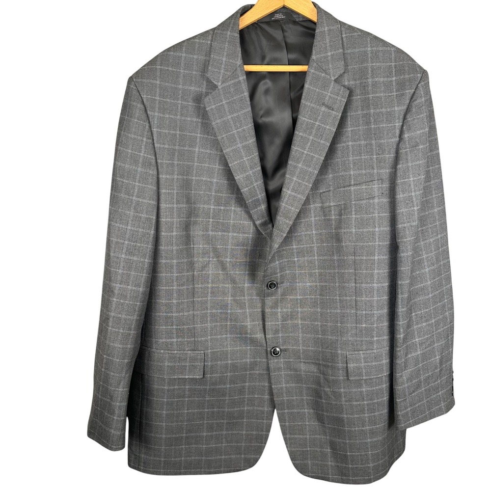Haggar Mens Grey Windowpane Plaid Two Button Blazer Sport Coat 48L 1006337